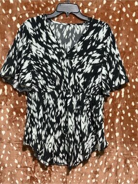 SHEIN Black and White V-Neck Flutter Sleeve Blouse